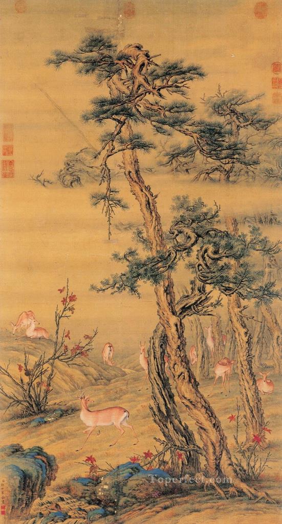 Lang ciervo brillante en otoño chino antiguo Pintura al óleo